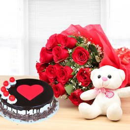 Red Roses N Black Forest Cake With Teddy